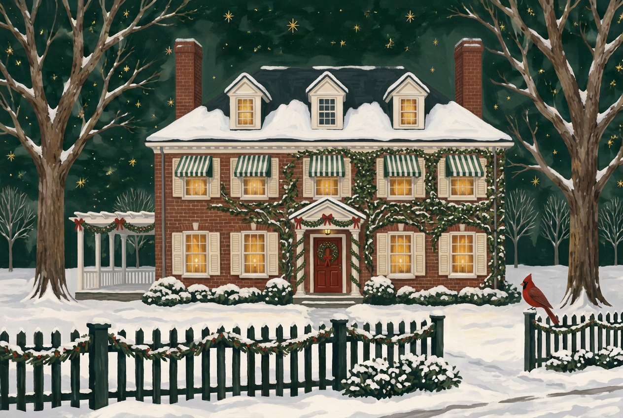 A hand-painted winter view of The Governor's Inn, with its red-brick facade, striped awnings, ivy, terrace, and snow-covered picket fence