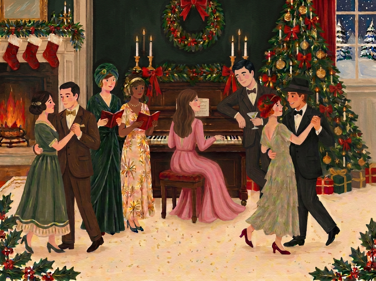 Elegantly dressed guests singing carols around a garlanded piano while couples dance beside the fire in a vintage parlor