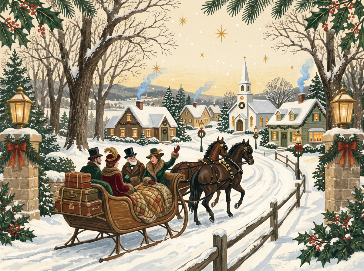 A hand-painted winter scene: a horse-drawn sleigh carrying festively dressed guests glides through the snow toward a glowing village of cottages and a white-steepled church at dusk